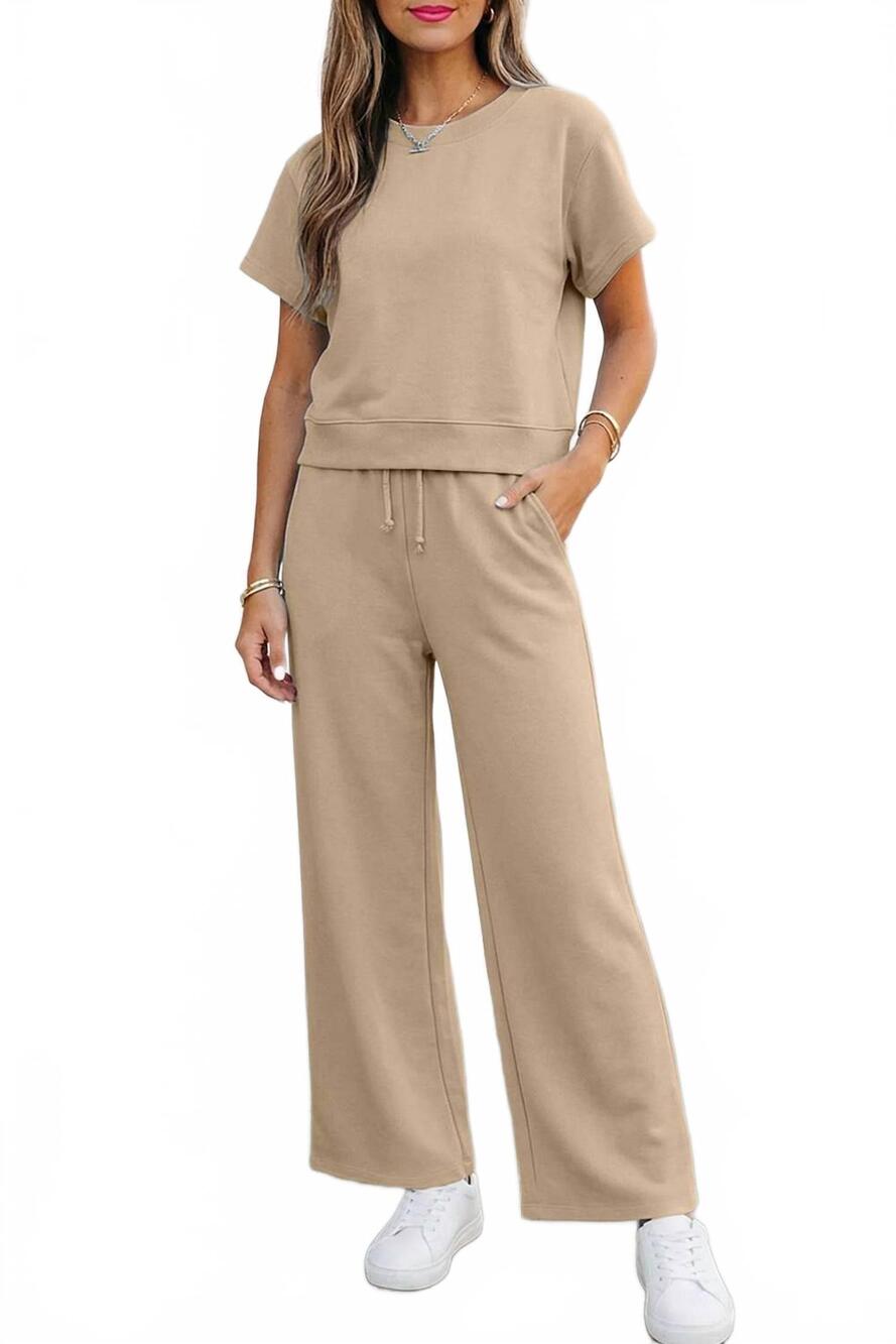 NEW AAPPARELLA soft lounge wide leg two-piece set in khaki